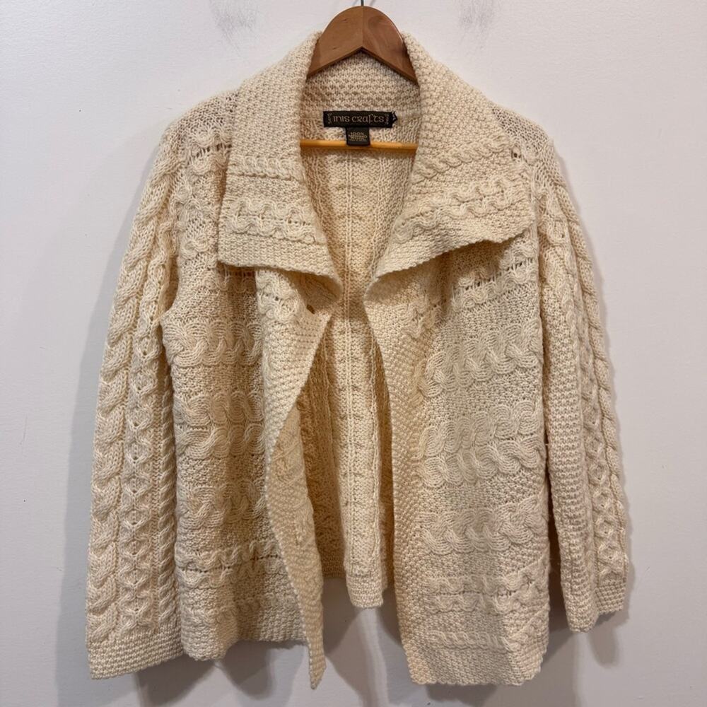 Inis Crafts Irish Merino Wool Chunky Knit Cardigan Sweater M Aran Cable Cream
